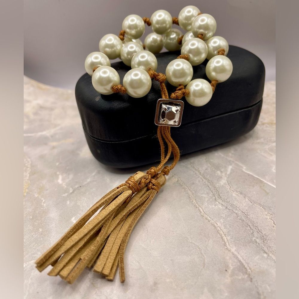 Chico's Faux Pearl Two Strand Sliding Drawstring Leather Tassels Bracelet